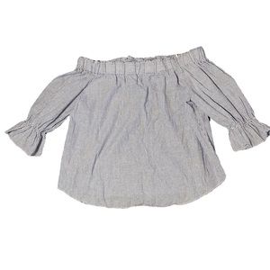 Rosette Off the Shoulder Striped Chambray Blouse